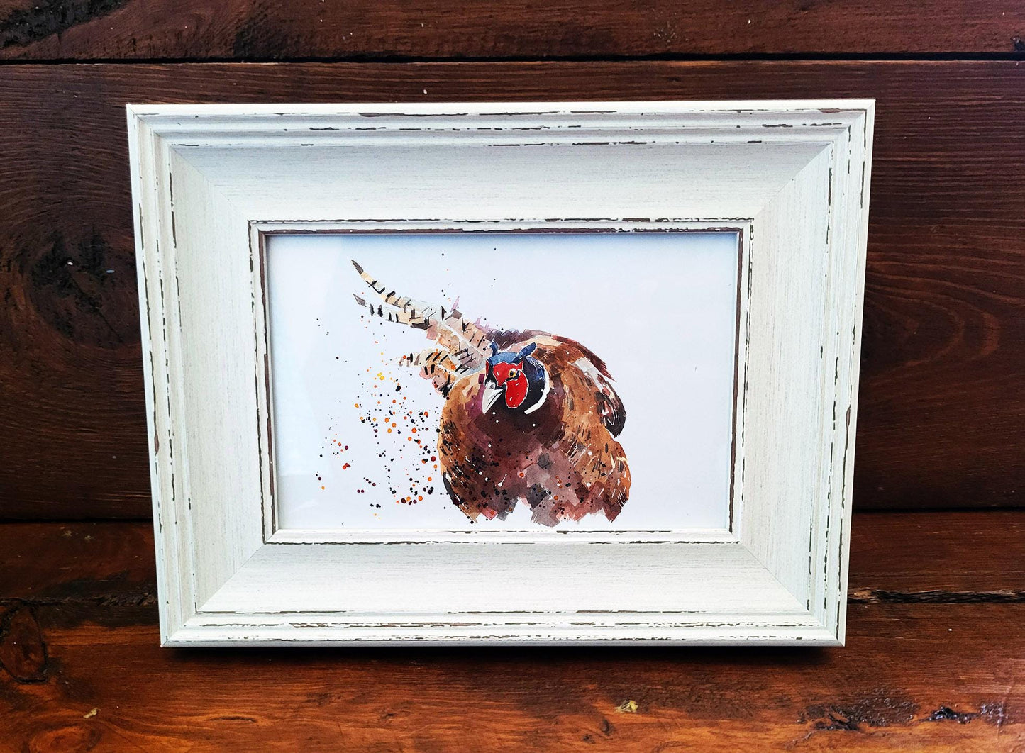 Pheasant Mini Art Print 17x12cm – Framed White Rustic Frame – Country Charm, Feathered Swagger.Pheasant Mini Art,Bird Lover Gift
