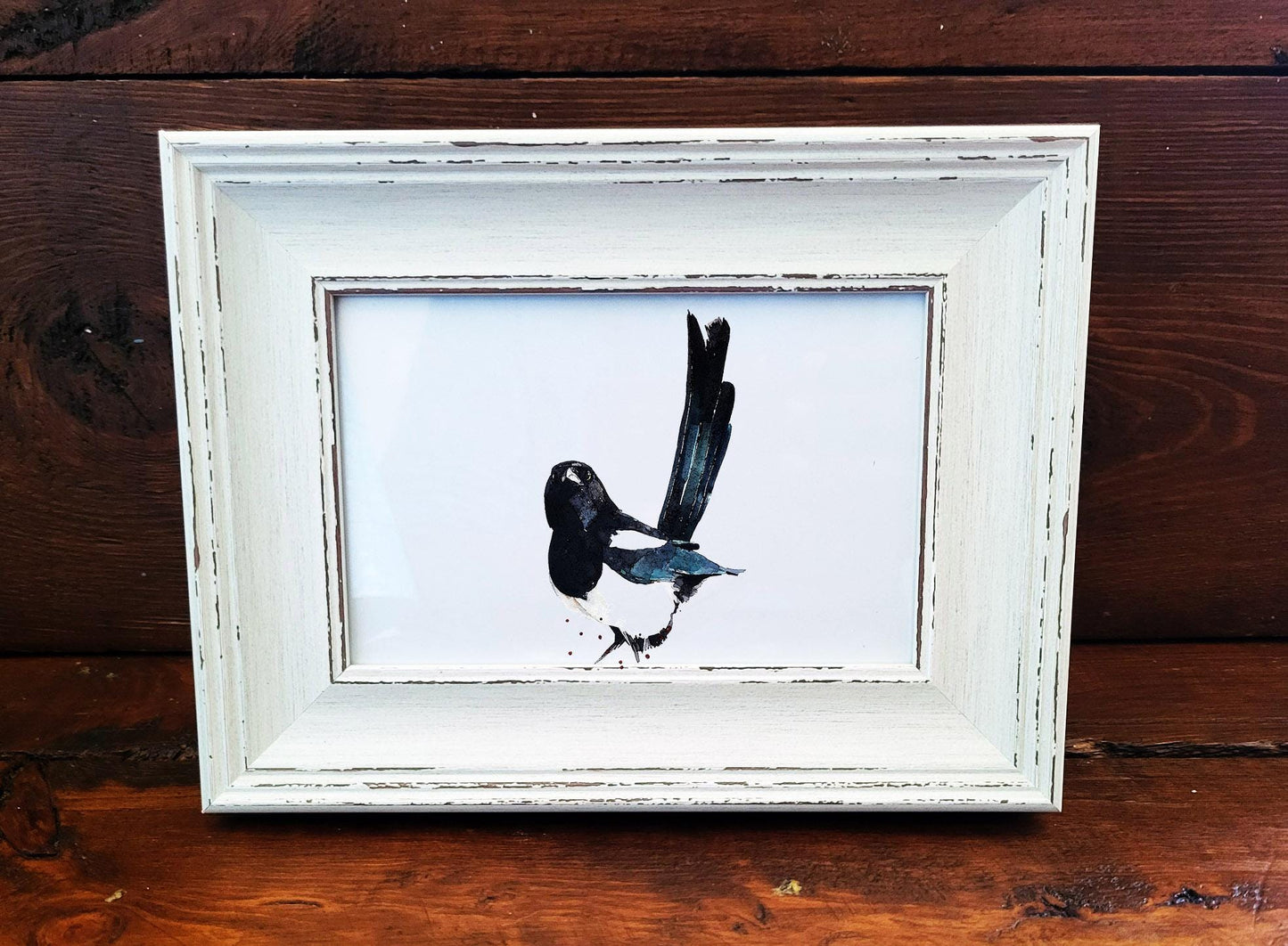 Magpie Mini Art Print 17x12cm – Framed White Rustic Frame  – Mystery, Magic & Solitude. Magpie Framed Art,Magpie gift idea