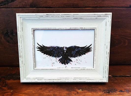 Raven Mini Art Print 17x12cm – Framed White Rustic Frame – A Touch of Shadow & Story. Crow mini art print, Raven Art print mini