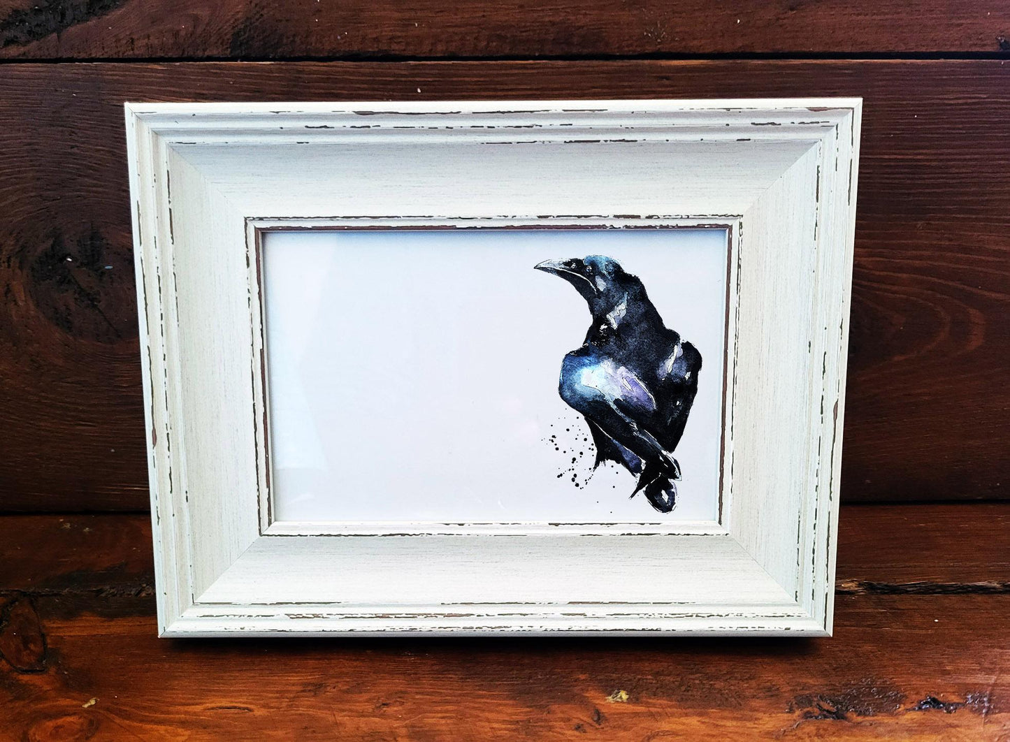 Raven Mini Art Print 17x12cm – Framed White Rustic Frame – A Touch of Shadow & Story. Crow mini art print, Raven Art print mini