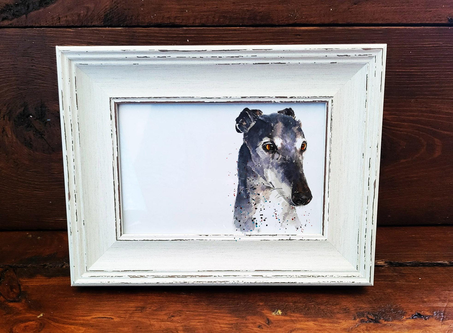 Whippet Mini Art Print 17x12cm –Framed White Rustic Frame(Assorted) Whippet art print framed,sighthound dog decor,dog lover gift,Whippet Art