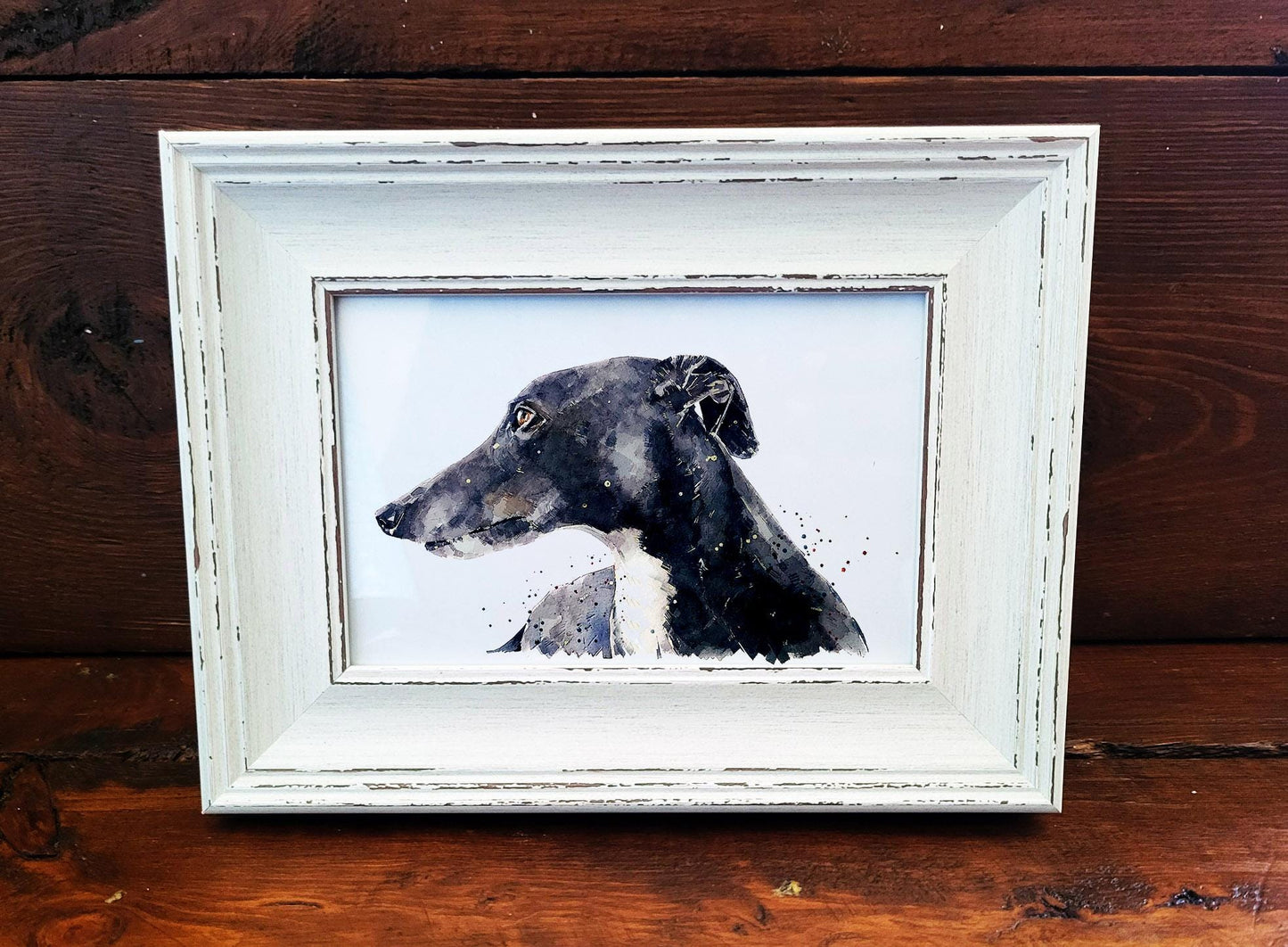 Whippet Mini Art Print 17x12cm –Framed White Rustic Frame(Assorted) Whippet art print framed,sighthound dog decor,dog lover gift,Whippet Art