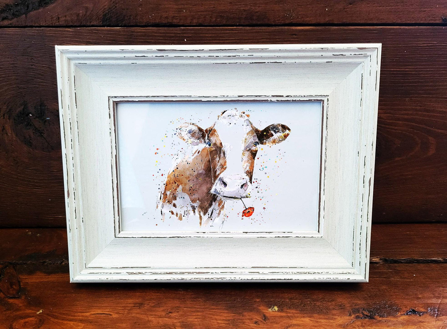 Cow Mini Art Print 17x12cm – Framed in White Rustic Frame – Farmhouse Animal Wall Art, Country Cow Decor, Edswatercolours Gift