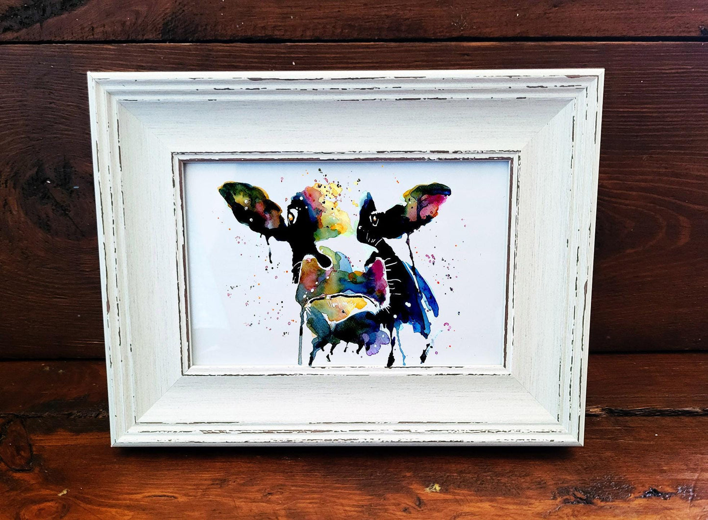 Cow Mini Art Print 17x12cm – Framed in White Rustic Frame – Farmhouse Animal Wall Art, Country Cow Decor, Edswatercolours Gift