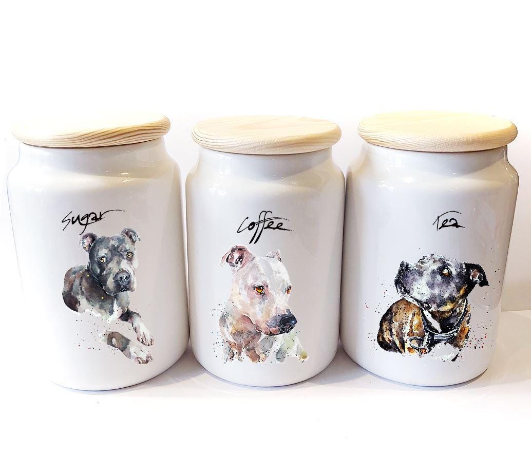 Staffordshire Bull Terrier Ceramic Storage Jars Gift Set (Set of 3) | Tea Coffee Sugar Canisters | Edswatercolours