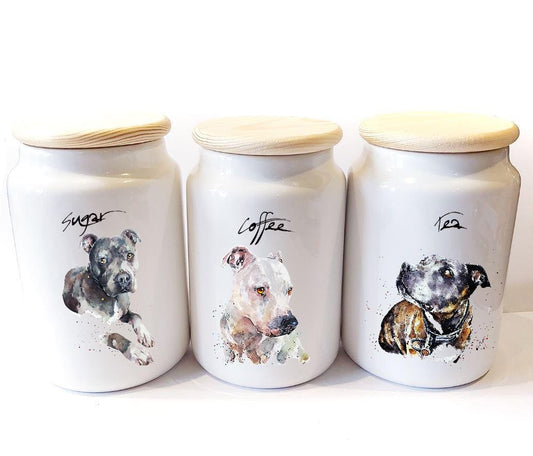 Staffordshire Bull Terrier Ceramic Storage Jars Gift Set (Set of 3) | Tea Coffee Sugar Canisters | Edswatercolours