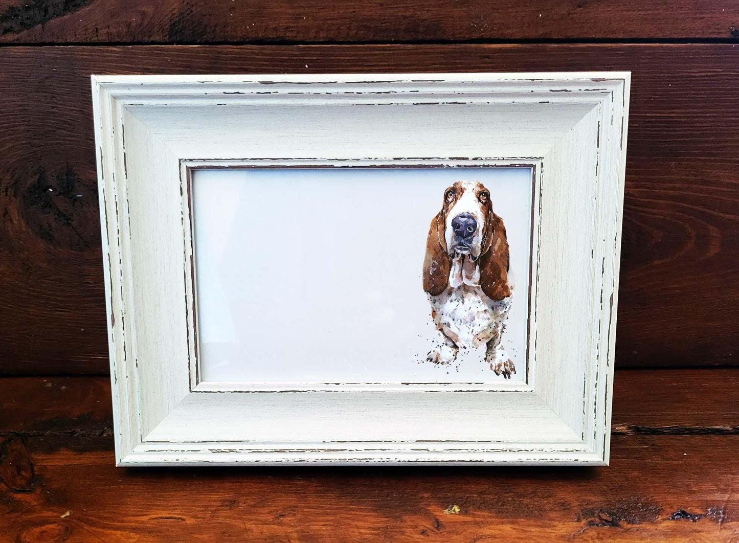 Basset Hound Mini Art Print 17x12cm – Framed White Rustic Frame | Basset Hound Wall Art, Long-Ear Dog Decor, Gift for Basset Lovers