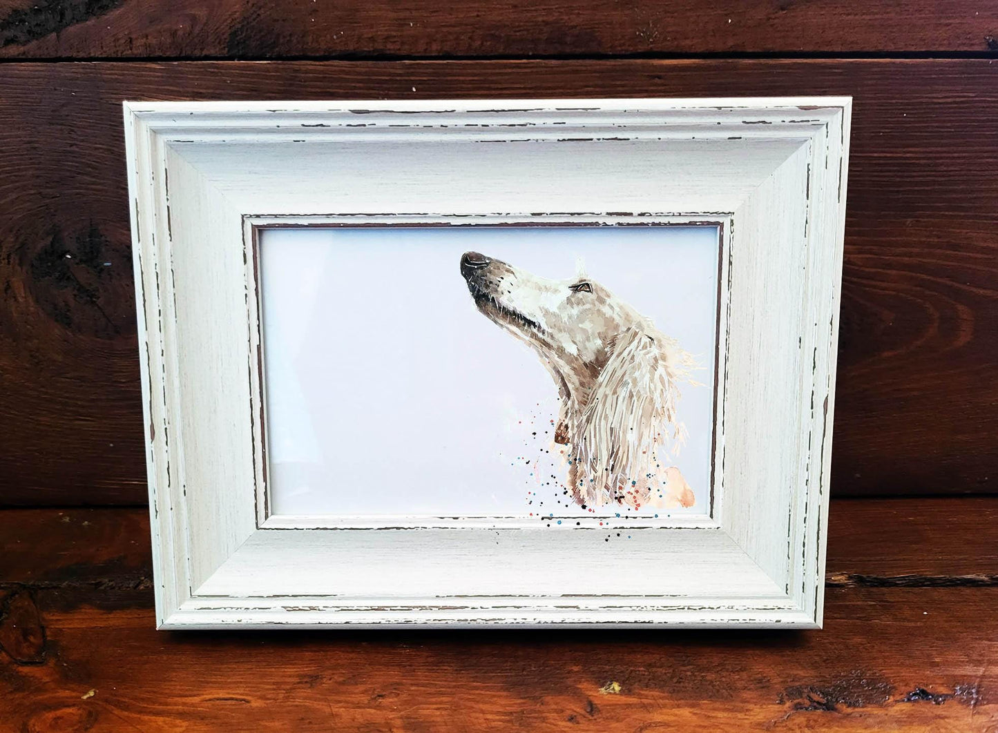 Saluki Mini Art Print 17x12cm – Framed White Rustic Frame | Saluki Wall Art, Elegant Dog Decor, Gift for Saluki Lovers