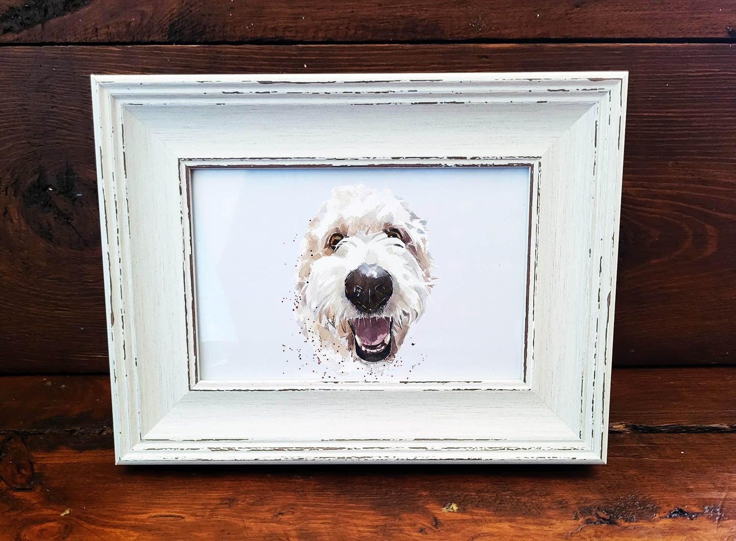 Goldendoodle Mini Art Print 17x12cm – Framed White Rustic Frame | Goldendoodle Wall Art, Fluffy Dog Decor, Gift for Goldendoodle Lovers