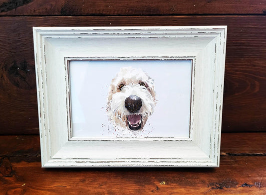 Goldendoodle Mini Art Print 17x12cm – Framed White Rustic Frame | Goldendoodle Wall Art, Fluffy Dog Decor, Gift for Goldendoodle Lovers