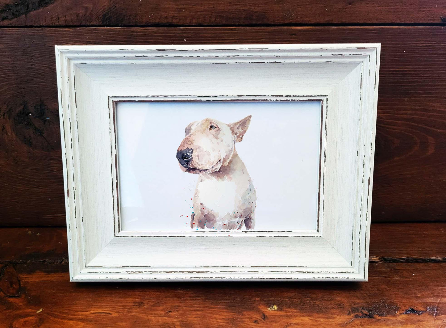 Bull Terrier Mini Art Print 17x12cm – Framed White Rustic Frame | Bull Terrier Wall Art, Unique Dog Decor, Gift for Bull Terrier Lovers