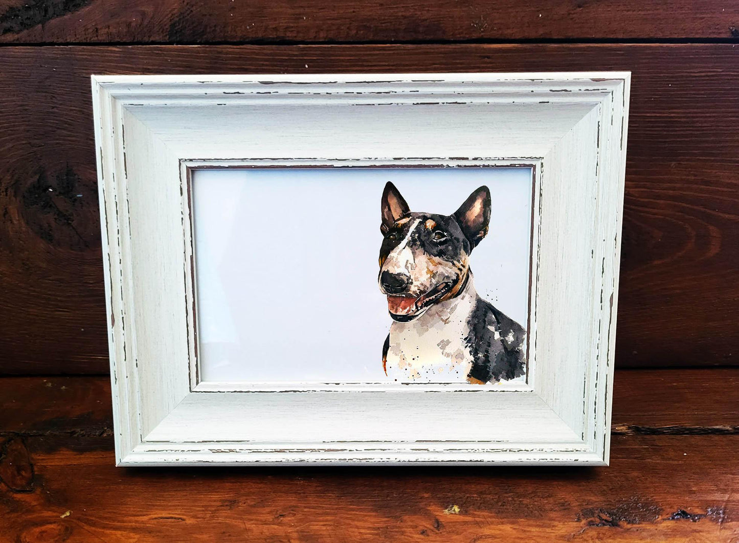 Bull Terrier Mini Art Print 17x12cm – Framed White Rustic Frame | Bull Terrier Wall Art, Unique Dog Decor, Gift for Bull Terrier Lovers