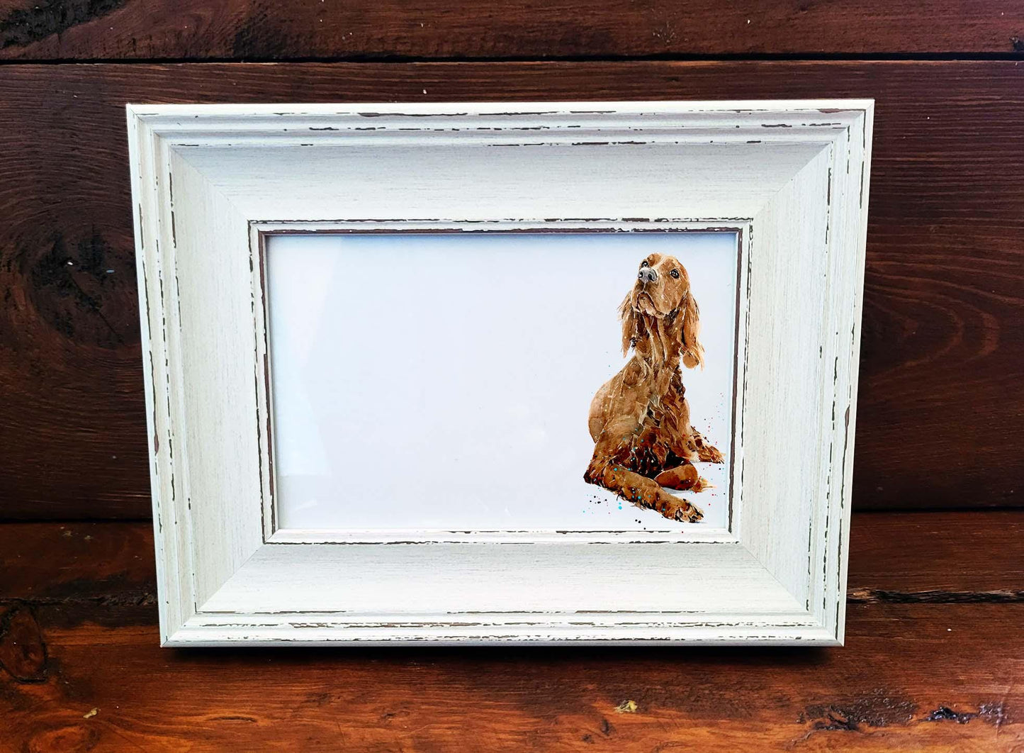 Irish Red Setter Mini Art Print 17x12cm – Framed White Rustic Frame | Setter Dog Wall Art, Irish Setter Decor, Gift for Red Setter Lovers