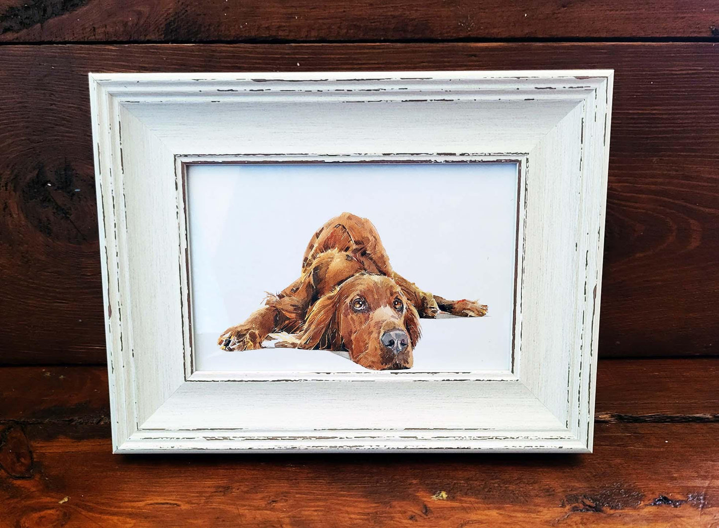 Irish Red Setter Mini Art Print 17x12cm – Framed White Rustic Frame | Setter Dog Wall Art, Irish Setter Decor, Gift for Red Setter Lovers