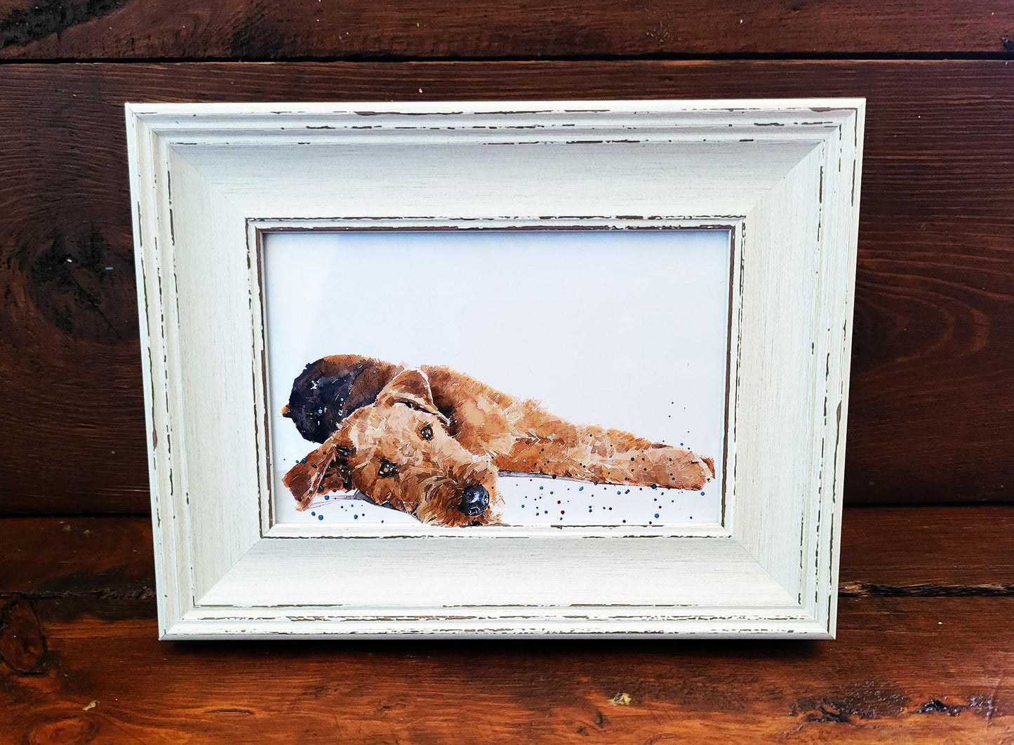Airedale Mini Art Print – 17x12cm of White Rustic Framed Canine Class. Mini Airedale Desk Art