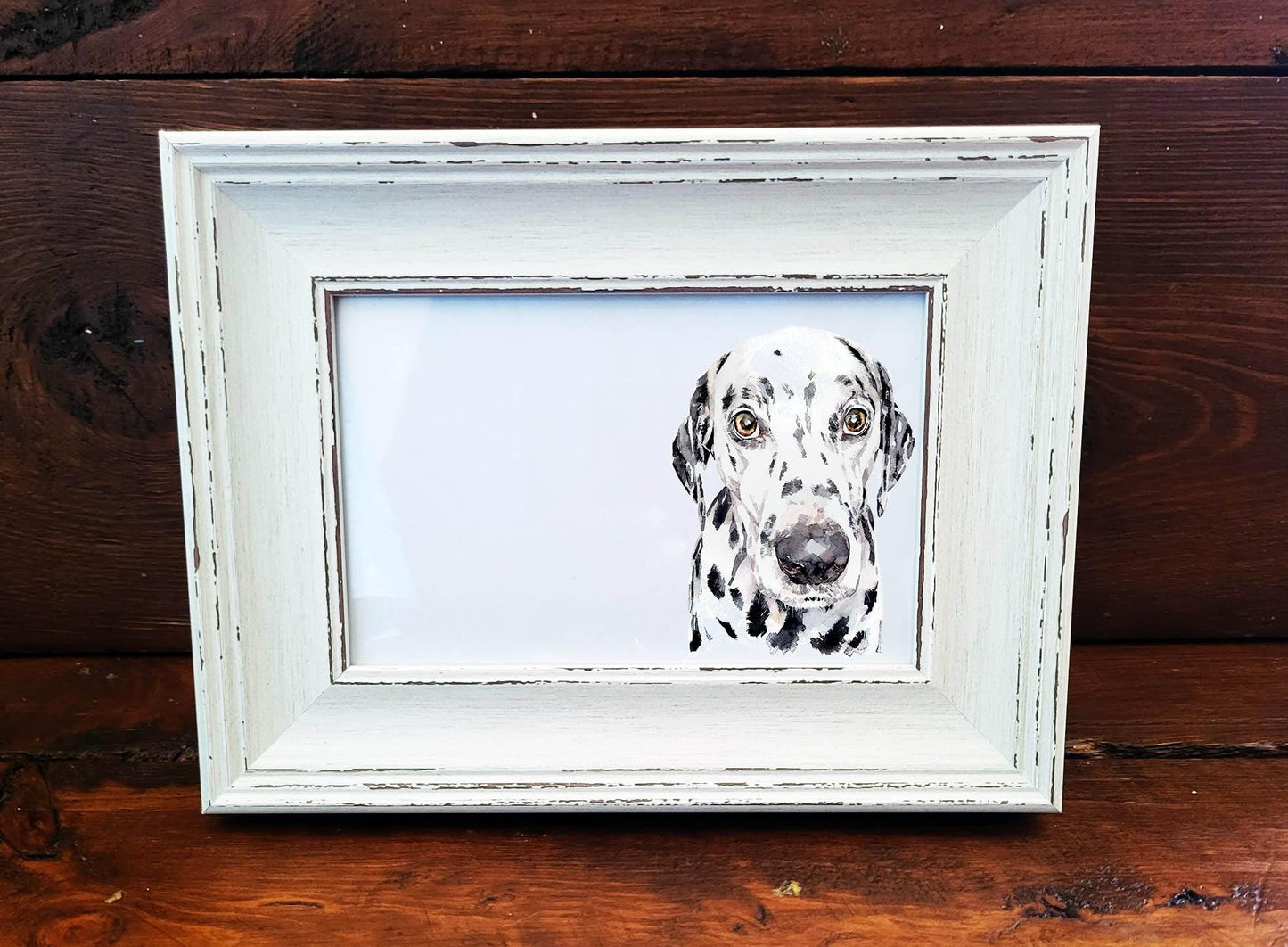 Dalmatian Mini Art Print 17x12cm – Framed White Rustic Frame | Dalmatian Wall Art, Spotty Dog Decor, Gift for Dalmatian Lovers