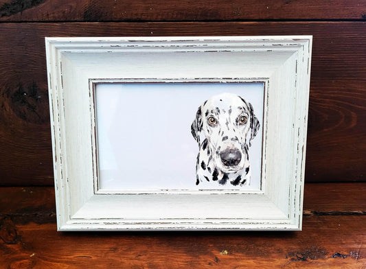 Dalmatian Mini Art Print 17x12cm – Framed White Rustic Frame | Dalmatian Wall Art, Spotty Dog Decor, Gift for Dalmatian Lovers