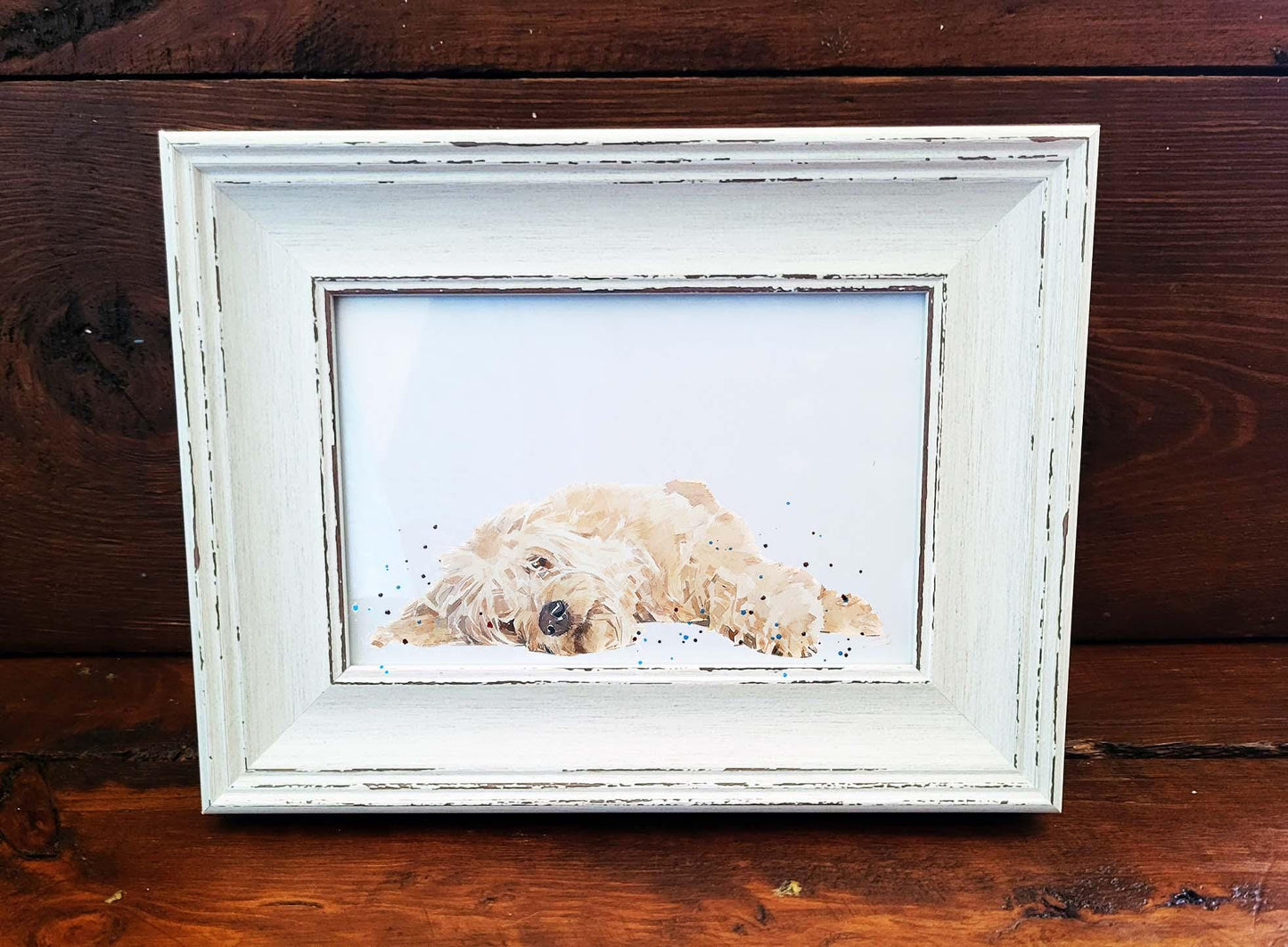 Goldendoodle Mini Art Print 17x12cm – Framed White Rustic Frame | Goldendoodle Wall Art, Fluffy Dog Decor, Gift for Goldendoodle Lovers
