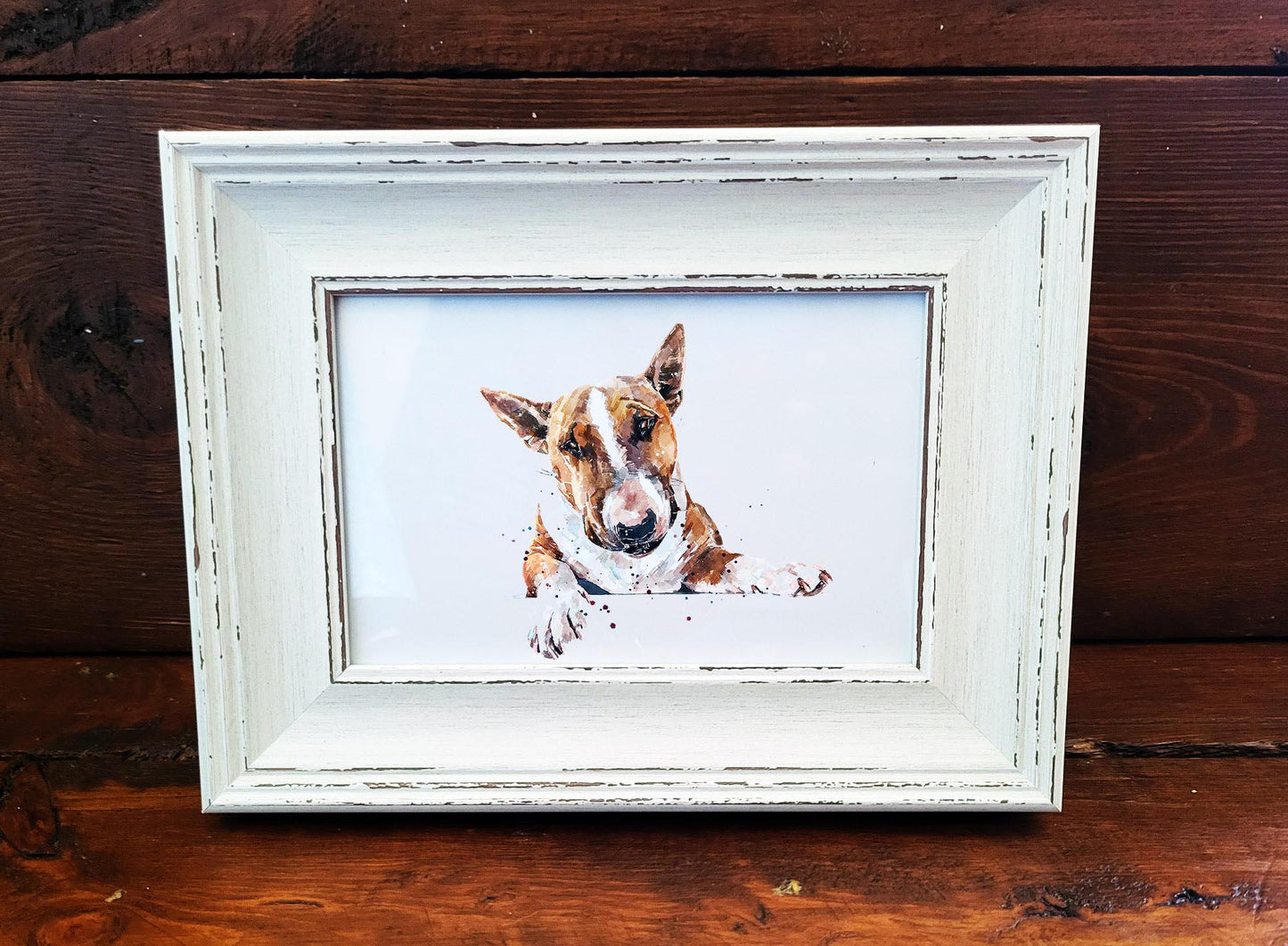 Bull Terrier Mini Art Print 17x12cm – Framed White Rustic Frame | Bull Terrier Wall Art, Unique Dog Decor, Gift for Bull Terrier Lovers