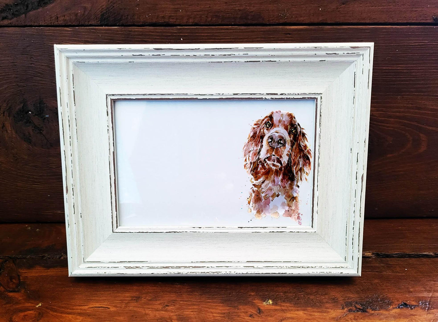 Irish Red Setter Mini Art Print 17x12cm – Framed White Rustic Frame | Setter Dog Wall Art, Irish Setter Decor, Gift for Red Setter Lovers