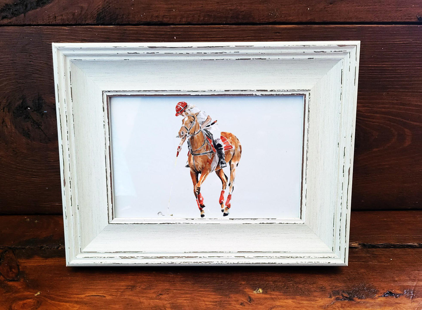 Polo Player Mini Art Print 17x12cm – Framed White Rustic Frame | Equestrian Sports Wall Art, Polo Match Decor, Gift for Horse Lovers