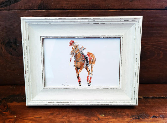 Polo Player Mini Art Print 17x12cm – Framed White Rustic Frame | Equestrian Sports Wall Art, Polo Match Decor, Gift for Horse Lovers