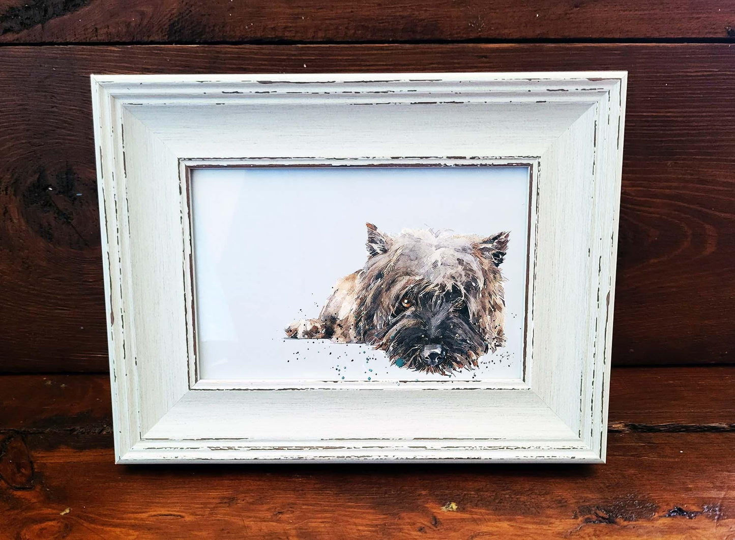 Cairn Terrier Mini Art Print 17x12cm – Framed White Rustic Frame | Cairn Terrier Wall Art, Small Terrier Decor,Gift for Cairn Terrier Lovers