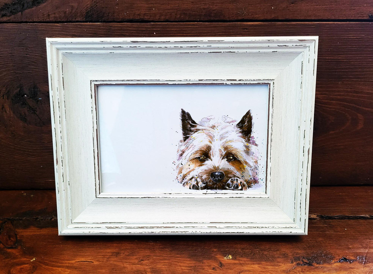 Cairn Terrier Mini Art Print 17x12cm – Framed White Rustic Frame | Cairn Terrier Wall Art, Small Terrier Decor,Gift for Cairn Terrier Lovers