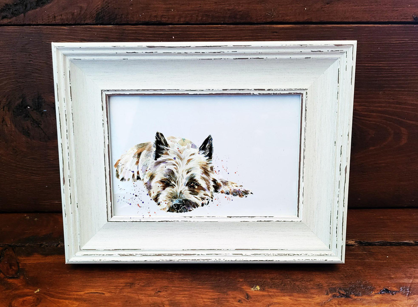 Cairn Terrier Mini Art Print 17x12cm – Framed White Rustic Frame | Cairn Terrier Wall Art, Small Terrier Decor,Gift for Cairn Terrier Lovers