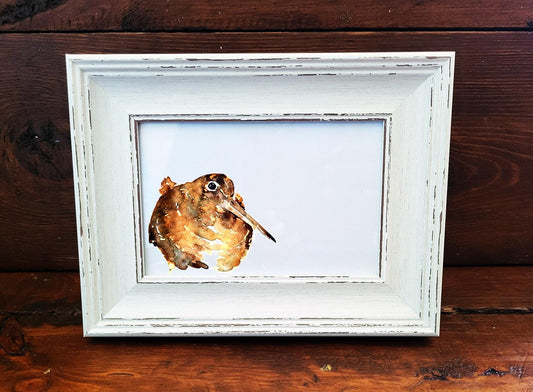Woodcock Bird Mini Art Print 17x12cm – Framed White Rustic Frame | Woodland Bird Wall Art, Rustic Countryside Decor, Gift for Bird Lovers