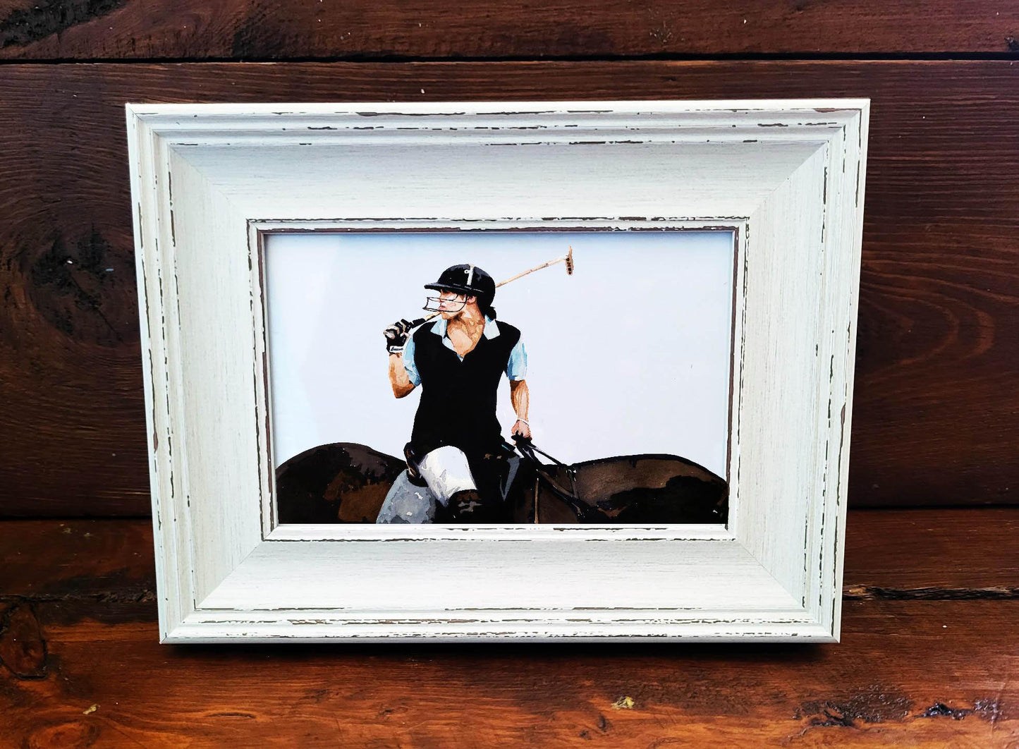 Polo Player Mini Art Print 17x12cm – Framed White Rustic Frame | Equestrian Sports Wall Art, Polo Match Decor, Gift for Horse Lovers