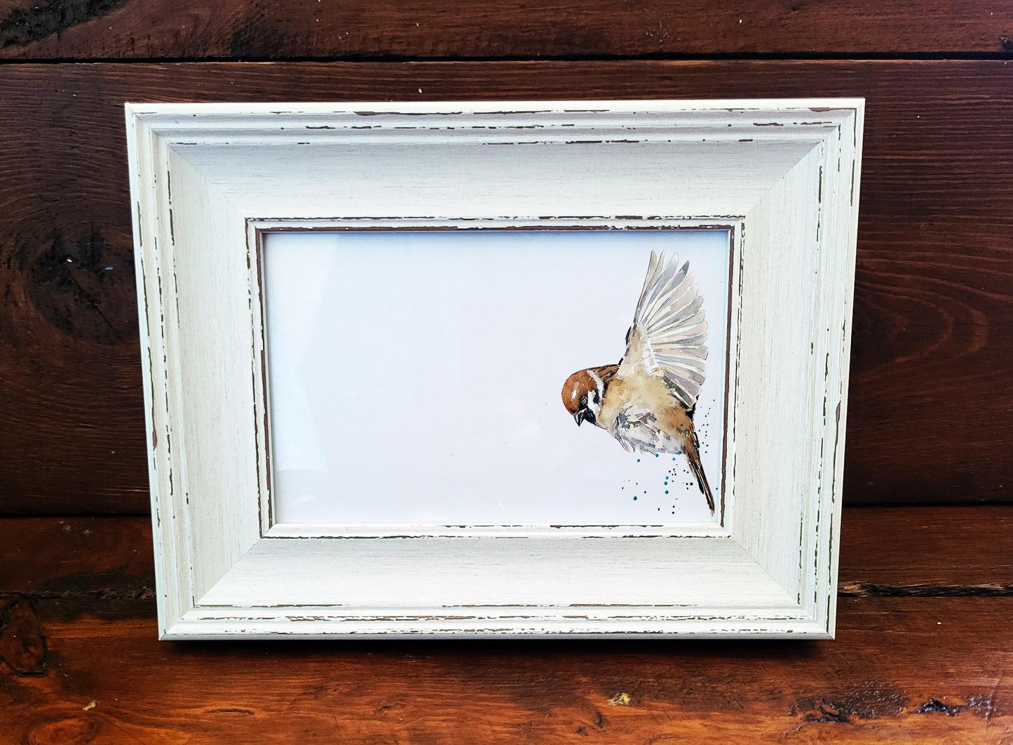 Sparrow Mini Art Print – 17x12cm Rustic Framed Watercolor | Woodland Bird Wall Art, Countryside Decor, Gift for Sparrow & Nature Lovers
