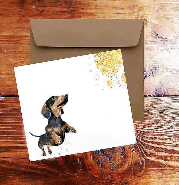 Dachshund Christmas Card by Edswatercolours | 150x150mm Sausage Dog Xmas Greeting | Wiener Dog Holiday Card with Envelope