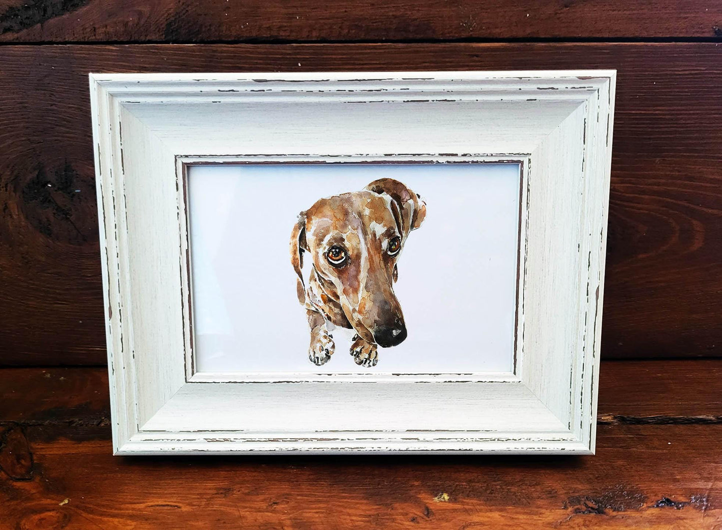 Framed Dachshund Art Print – White Rustic Dog Portrait (17x12cm)