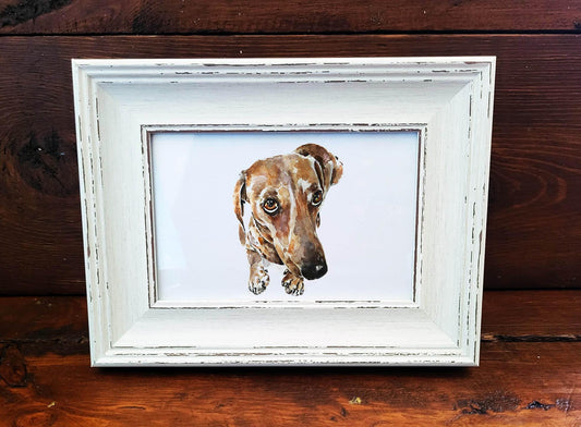 Framed Dachshund Art Print – White Rustic Dog Portrait (17x12cm)