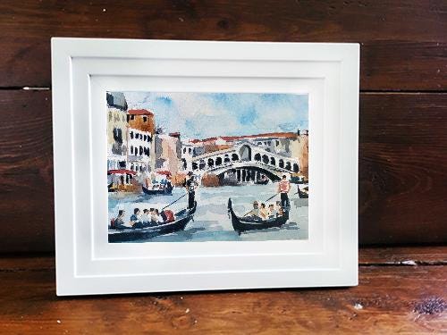 Original Mini “Lazy River Gondola, Venice” Watercolour – 18x12cm Framed Italian Cityscape by Edswatercolours