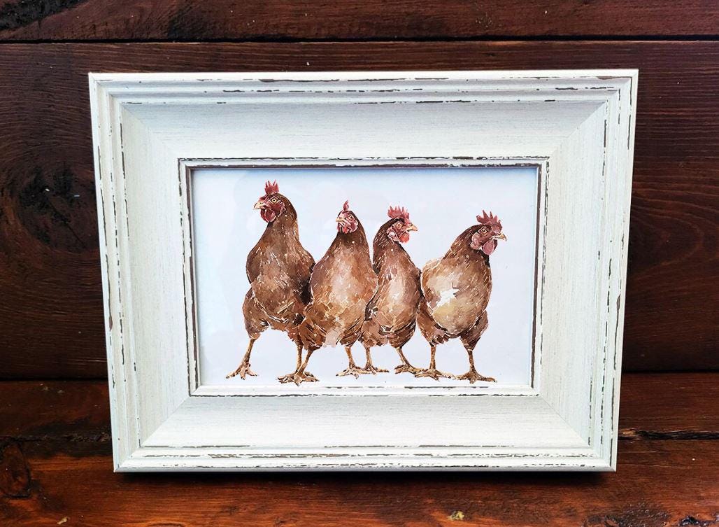 Chicken Art Print – 17x12cm Framed Rustic Farmhouse Decor