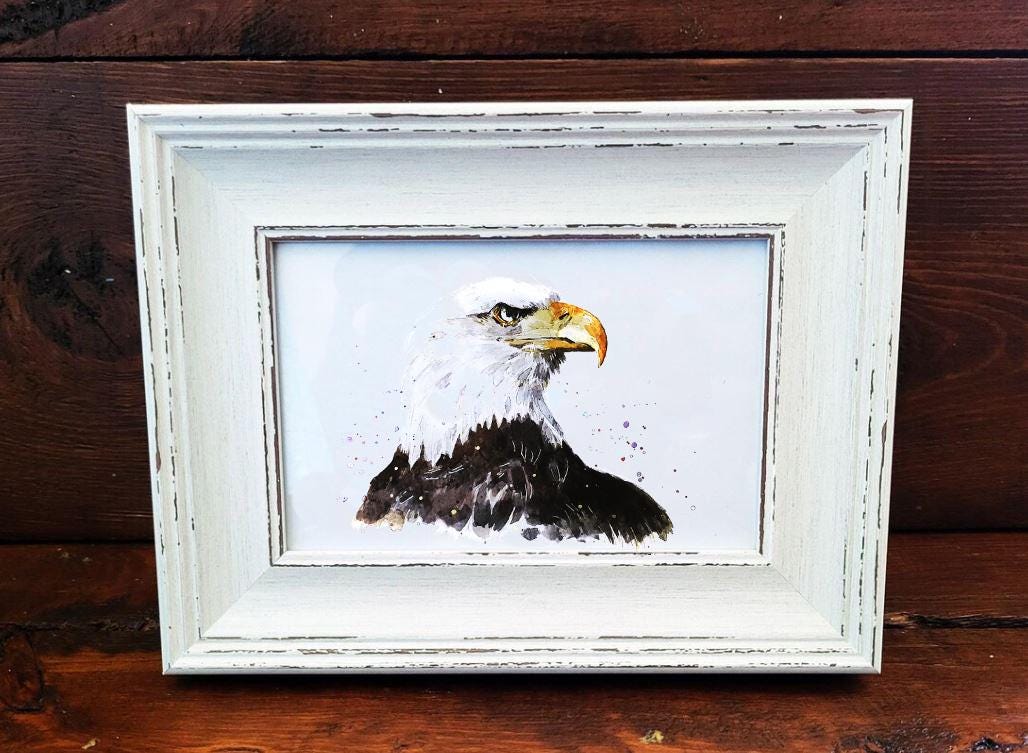 Bald Eagle Mini Art Print – Framed Rustic White Wooden Frame