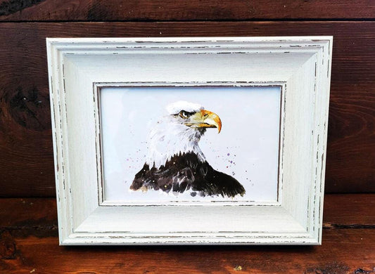Bald Eagle Mini Art Print – Framed Rustic White Wooden Frame