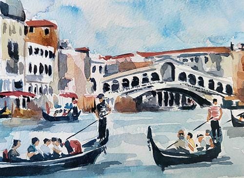 Original Mini “Lazy River Gondola, Venice” Watercolour – 18x12cm Framed Italian Cityscape by Edswatercolours