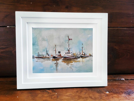 Original Mini “Tug Boats” Watercolour – 18x12cm Framed Harbour Scene by Edswatercolours