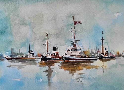 Original Mini “Tug Boats” Watercolour – 18x12cm Framed Harbour Scene by Edswatercolours
