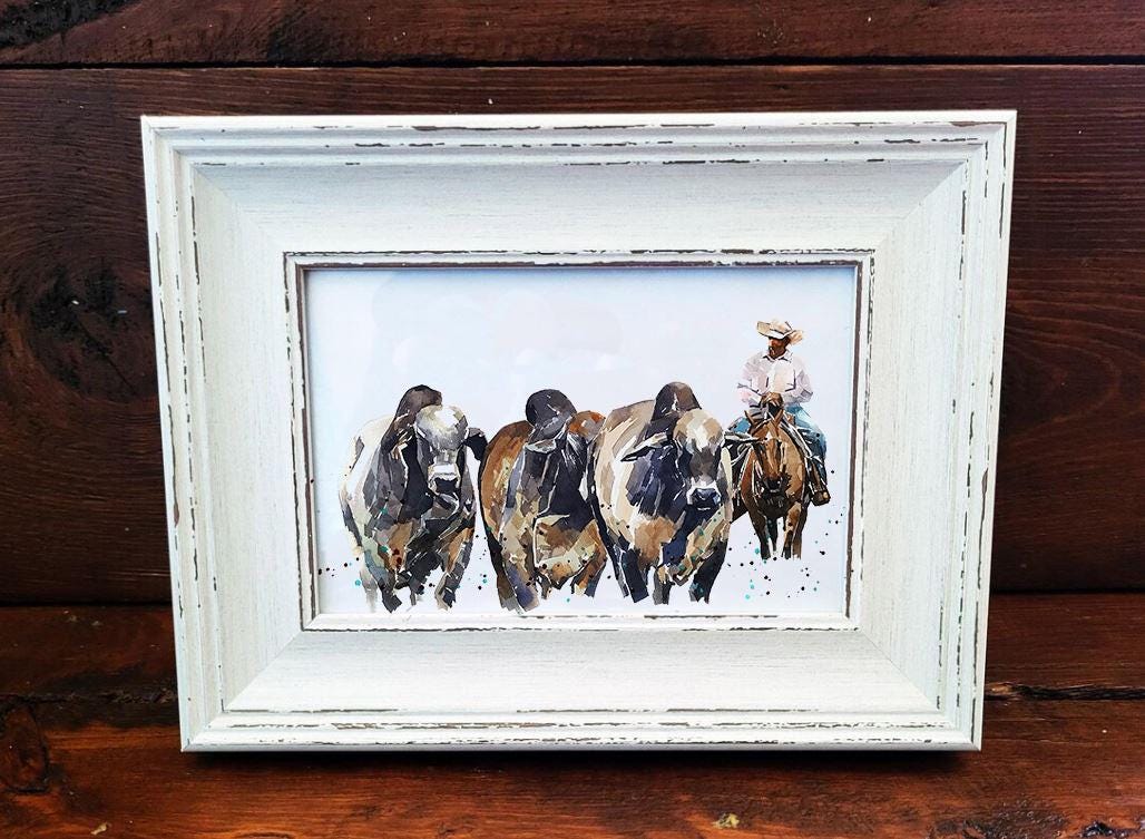 Brahman Cattle Mini Art Print 17x12cm – Framed White Rustic Frame – Majestic, Muscular, Sacred