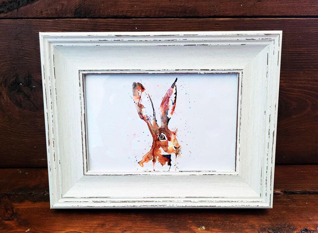Hare Mini Art Print 17x12cm – Framed White Rustic Frame – Swift, Gentle, Wildly Elegant