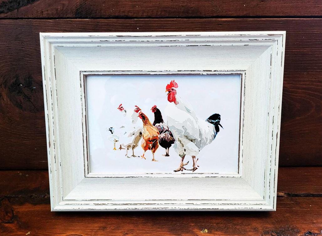 Chicken Art Print – 17x12cm Framed Rustic Farmhouse Decor