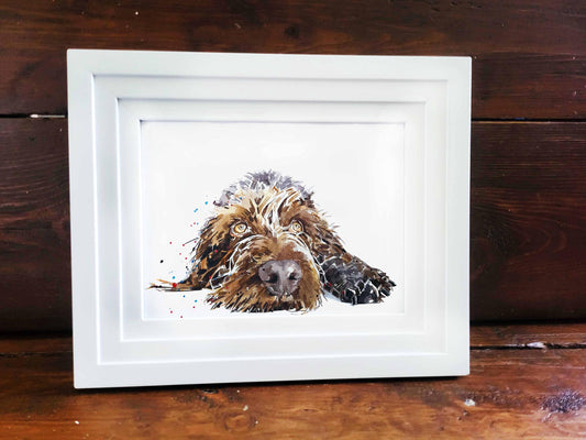 Framed German Wirehaired Pointer Watercolor Painting - Dog Lover Gift