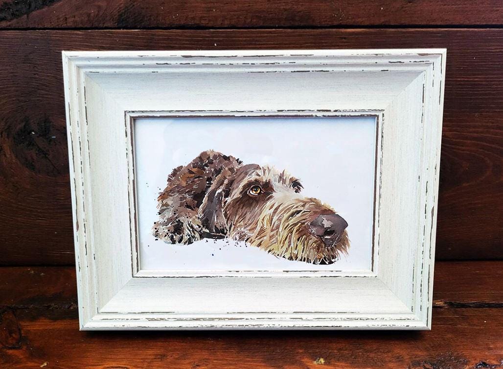 German Wirehaired Pointer Mini Art Print • Rustic Framed Dog Decor • Wirehair Gift • 17x12cm