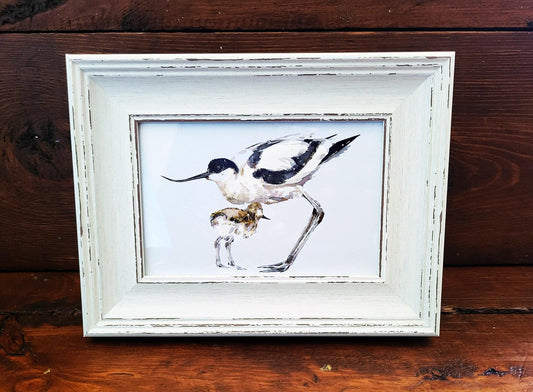 Avocet Mother & Chick Mini Art Print – 17x12cm White Rustic Framed Coastal Bird Artwork