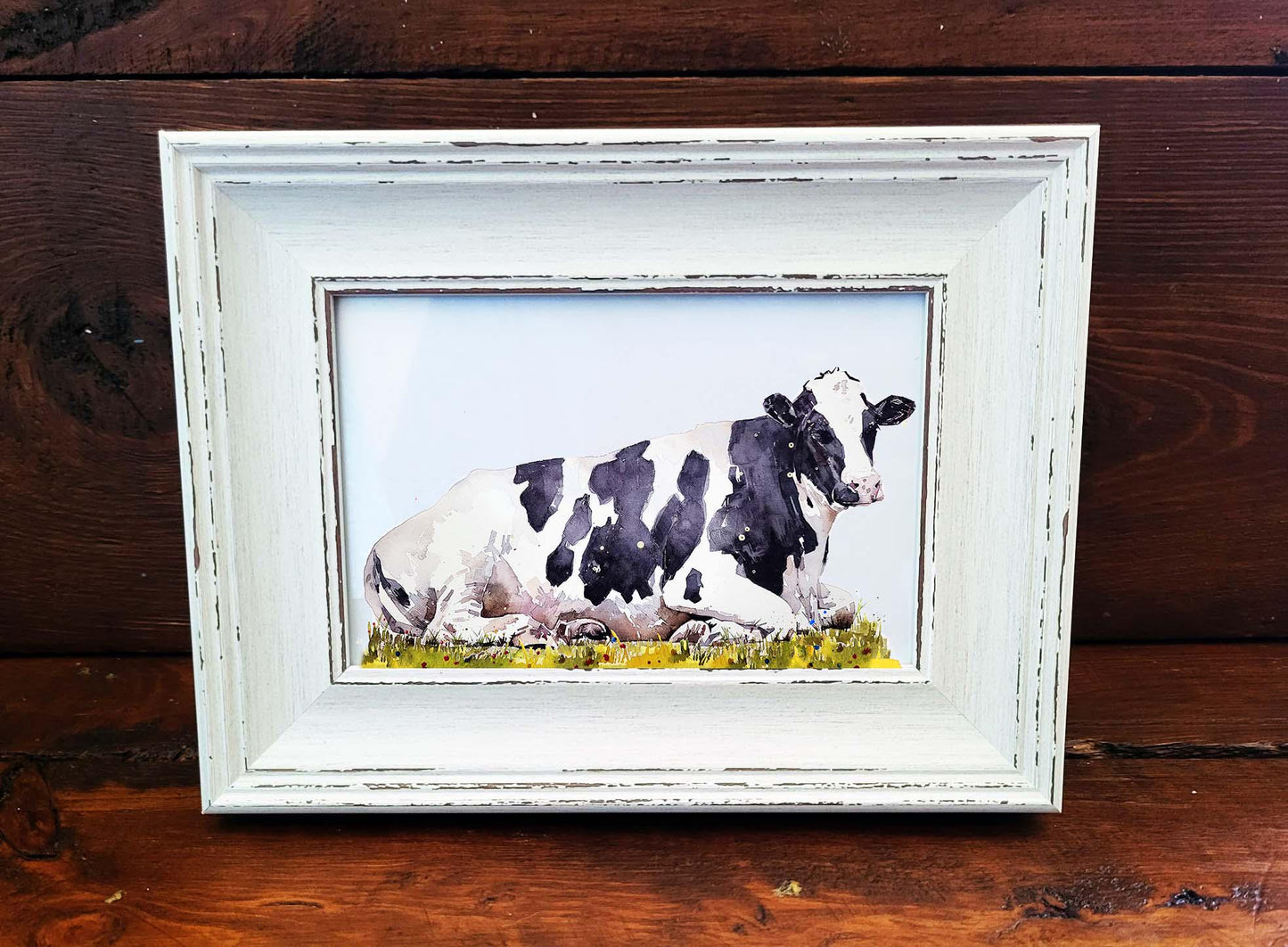 Cow Mini Art Print 17x12cm – Framed in White Rustic Frame – Farmhouse Animal Wall Art, Country Cow Decor, Edswatercolours Gift