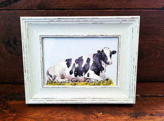 Cow Mini Art Print 17x12cm – Framed in White Rustic Frame – Farmhouse Animal Wall Art, Country Cow Decor, Edswatercolours Gift